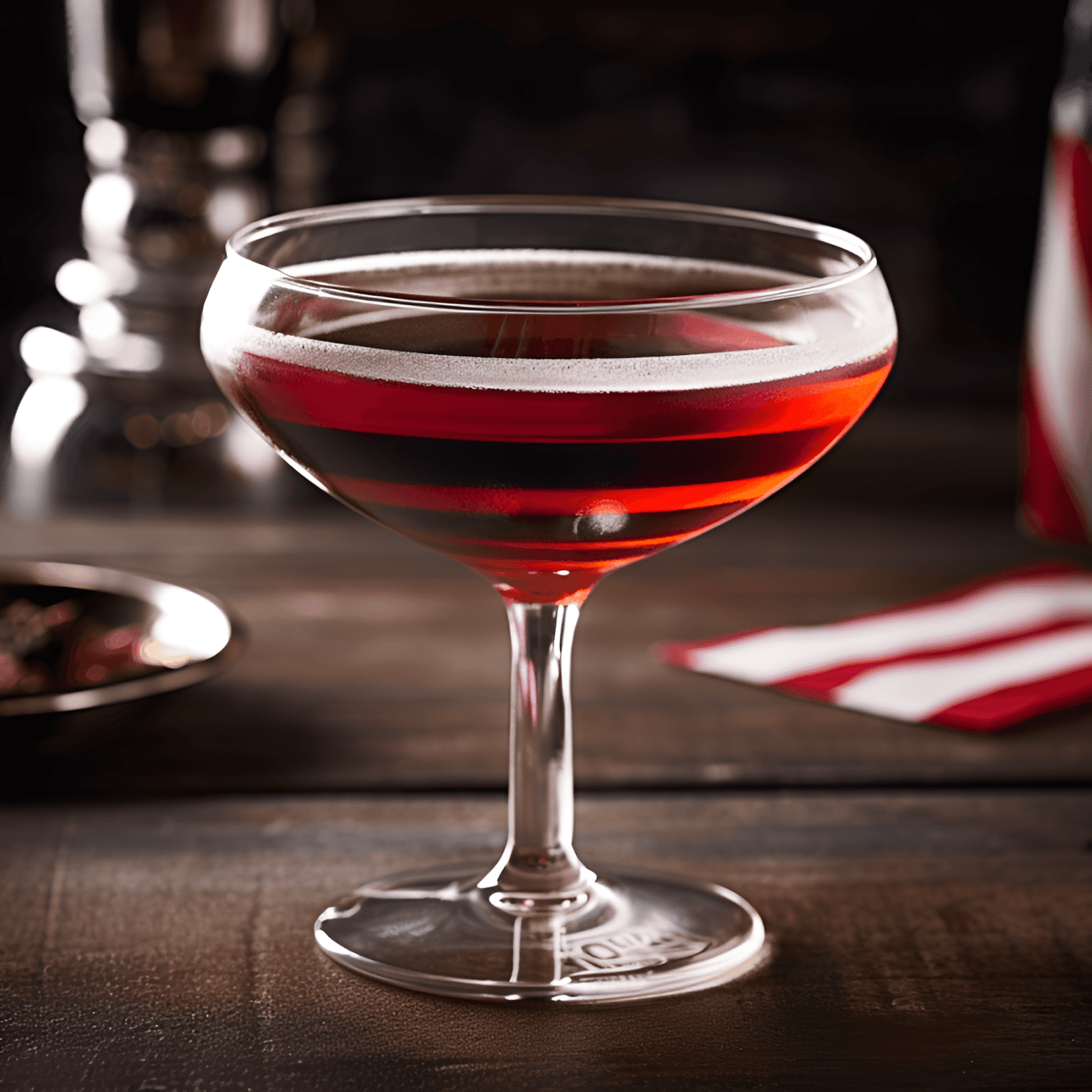 The Betsy Ross cocktail has a rich, velvety texture with a hint of sweetness from the port wine. The brandy adds warmth and depth, while the orange liqueur brings a touch of citrus brightness. The nutmeg garnish enhances the overall flavor with a subtle spiciness.