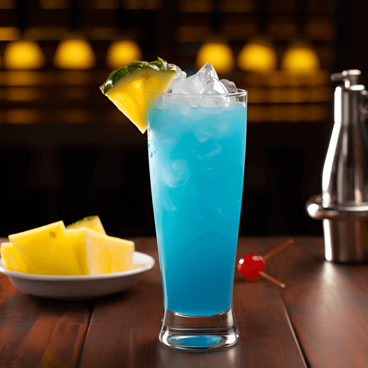 Blue Whale Cóctel Receta - El Blue Whale es un cóctel dulce y afrutado con un toque de acidez. La combinación de curacao azul, vodka y limonada crea un sabor refrescante y cítrico que se equilibra con la dulzura del jugo de piña. Es una bebida fuerte, pero el alcohol está bien disimulado por los otros sabores.