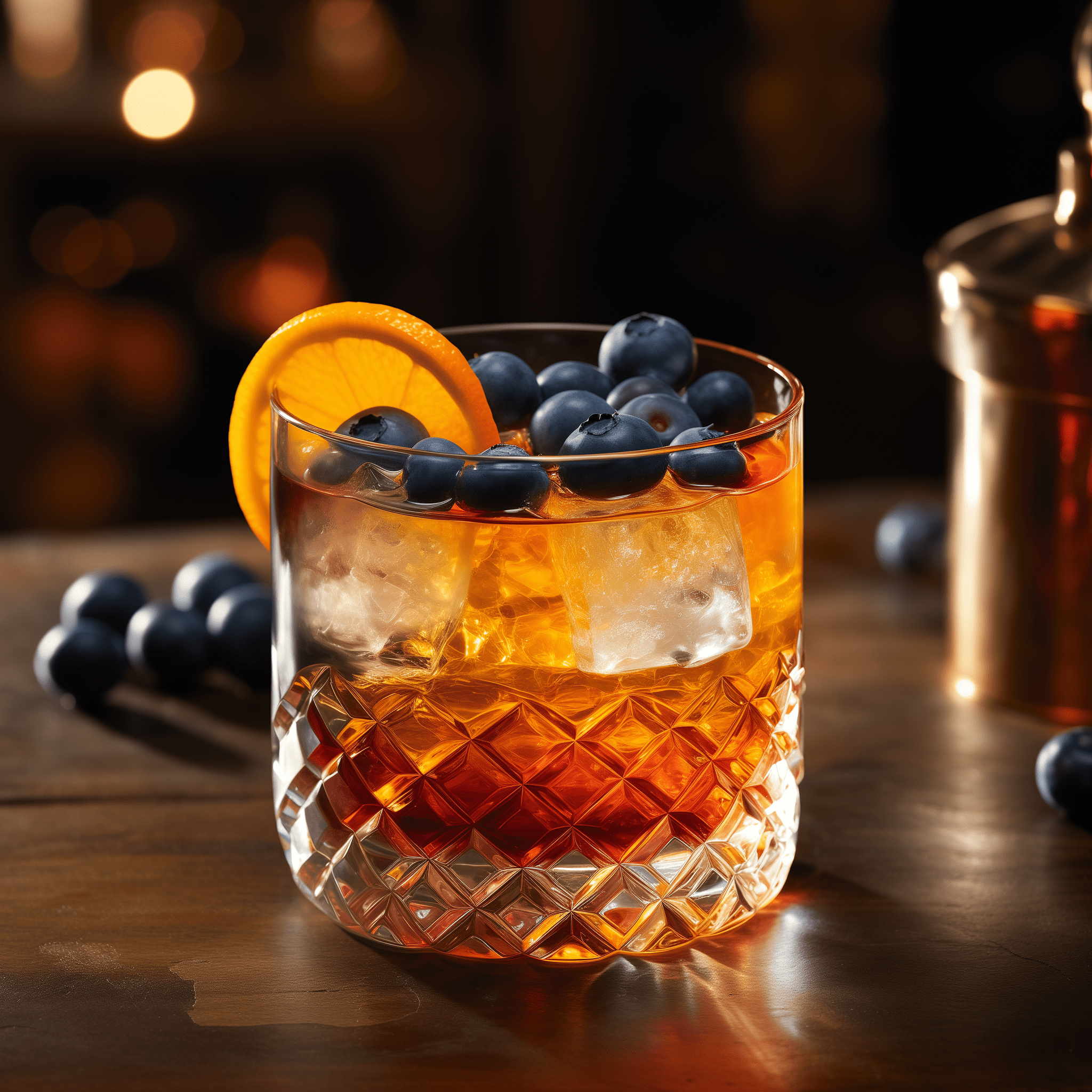 Blueberry Old Fashioned Cóctel Receta - El Blueberry Old Fashioned tiene un sabor rico y suave con un equilibrio de dulce y ácido de los arándanos. El whisky proporciona una base cálida y amaderada, mientras que los amargos añaden complejidad. Es un cóctel robusto con un refrescante final afrutado.