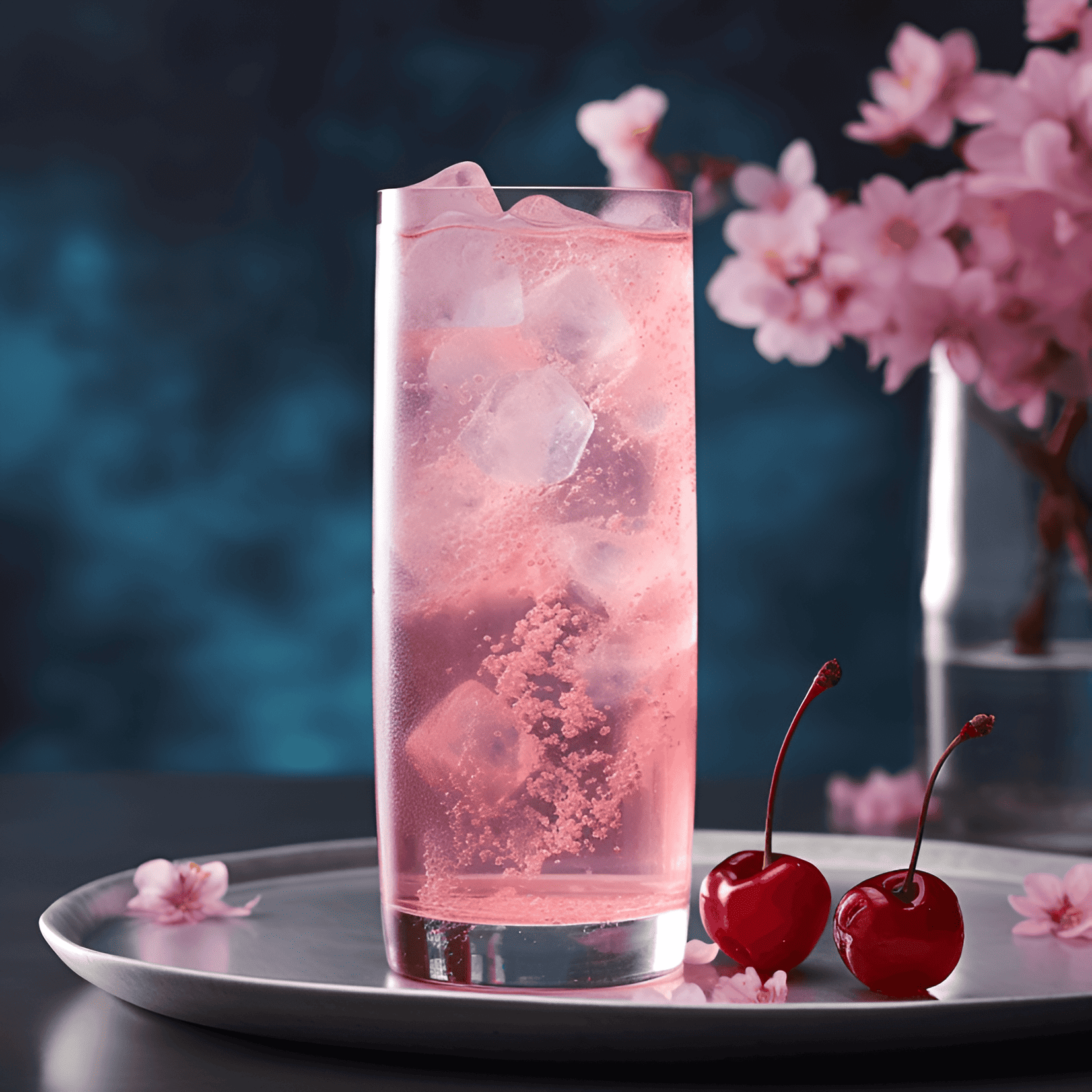 The Cherry Blossom cocktail has a delicate, fruity, and floral taste. It is slightly sweet, with a hint of tartness from the cherry and citrus flavors. The floral notes from the elderflower liqueur add a touch of sophistication, while the gin provides a subtle, refreshing kick.