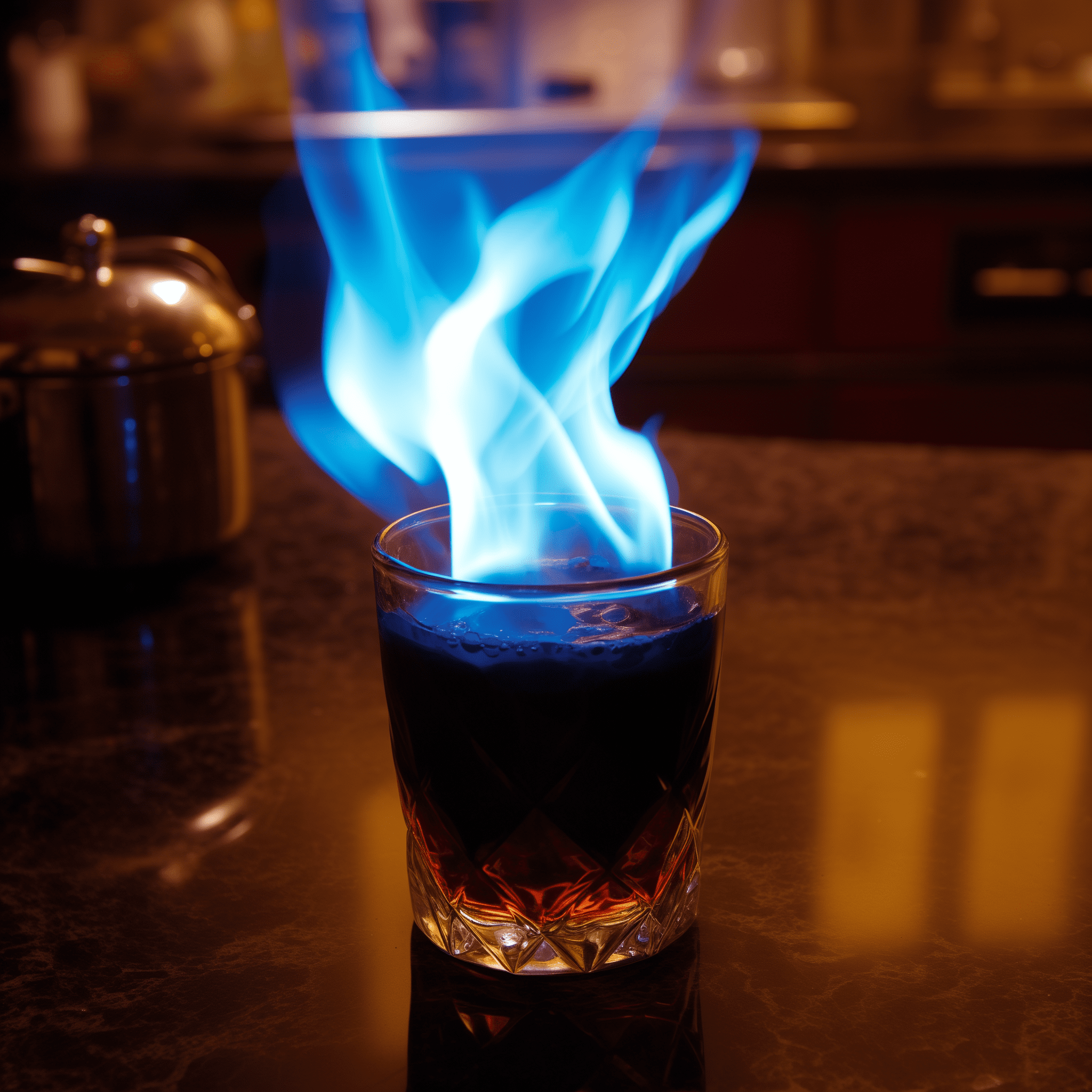 Flaming Blue Jesus Cocktail Recipe - The Flaming Blue Jesus is a potent mix with a complex flavor profile. It's strong and warming, with a peppermint freshness that cuts through the richness of the Southern Comfort and the sharpness of the vodka and tequila. The fiery element adds a smoky note if you let it burn just a bit before blowing it out.