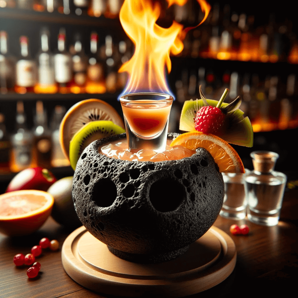 Flaming Volcano Cocktail Recipe - The Flaming Volcano cocktail is a delightful combination of sweet, sour, and fruity flavors. The mixture of tropical fruit juices, such as pineapple and orange, creates a refreshing and tangy base, while the addition of grenadine adds a touch of sweetness. The rum provides a warming, slightly spicy kick, and the flaming presentation adds a hint of smokiness to the overall taste.