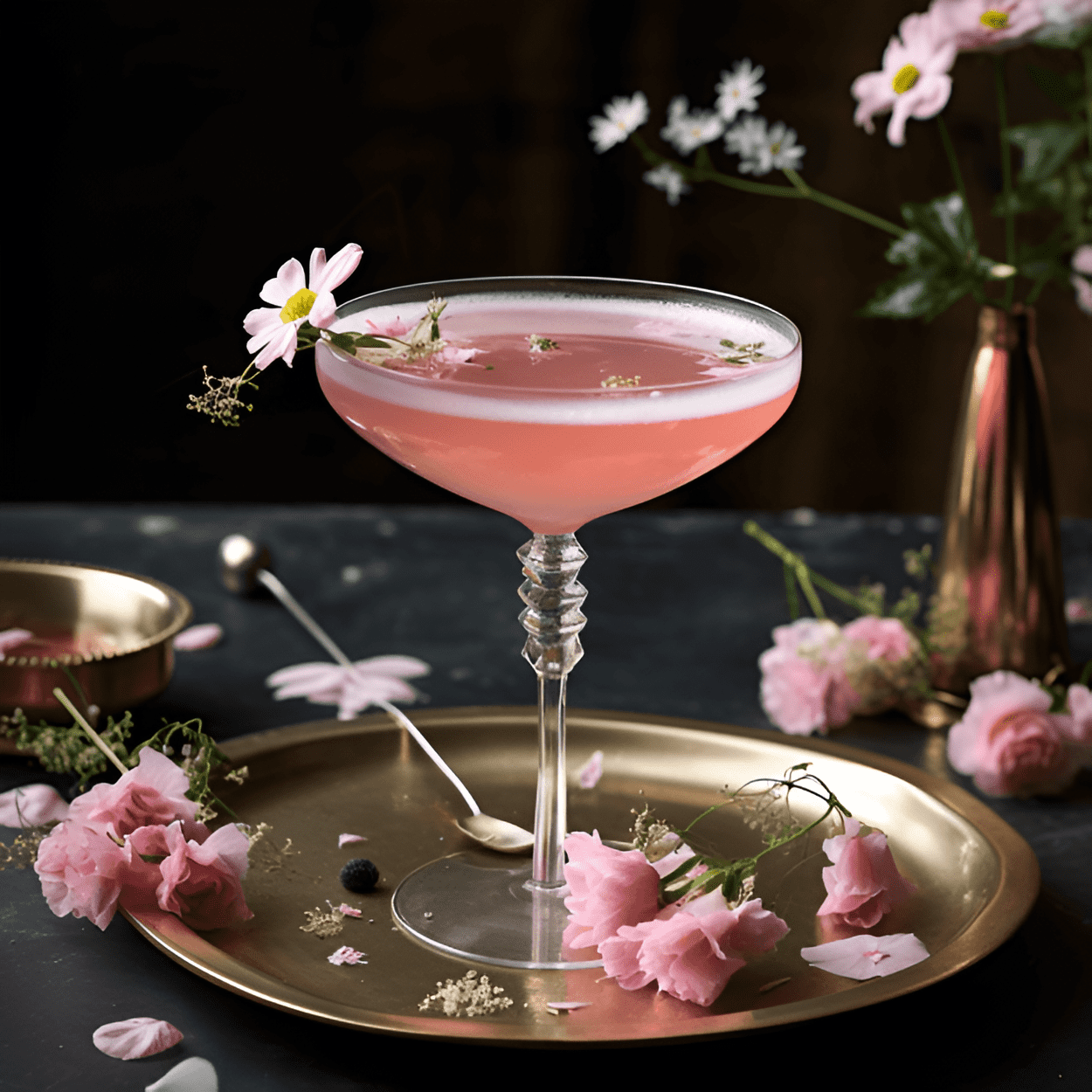 El Elixir Floral es un cóctel ligero y refrescante con un toque de dulzura. Tiene un delicado sabor floral con notas de saúco, rosa y lavanda. La adición de jugo de limón agrega un giro ácido, equilibrando la dulzura y agregando un final picante.