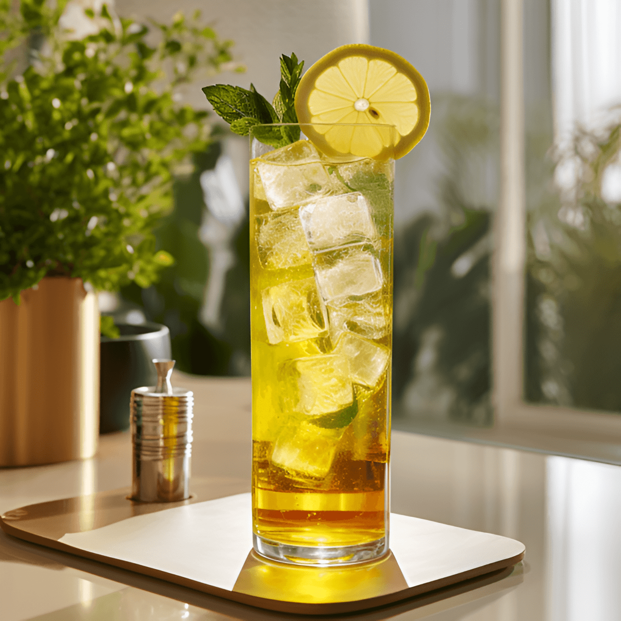 The Green Tea Highball has a light, refreshing taste with a subtle earthiness from the green tea. It's slightly sweet, with a hint of citrus from the lemon, and a gentle effervescence from the soda water.