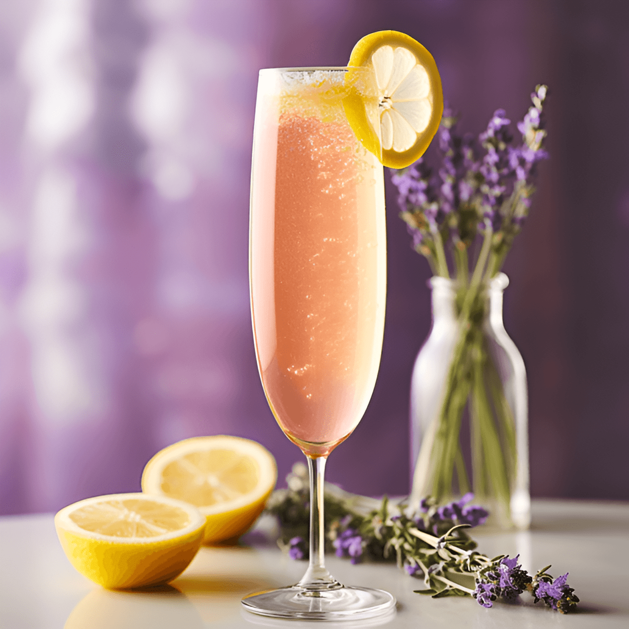Lavender French 75 Cocktail Recipe - The Lavender French 75 is a refreshing, crisp, and bubbly cocktail. It has a strong citrusy tang from the lemon juice, balanced by the floral sweetness of the lavender syrup. The gin adds a botanical complexity, while the champagne brings a light, effervescent finish.