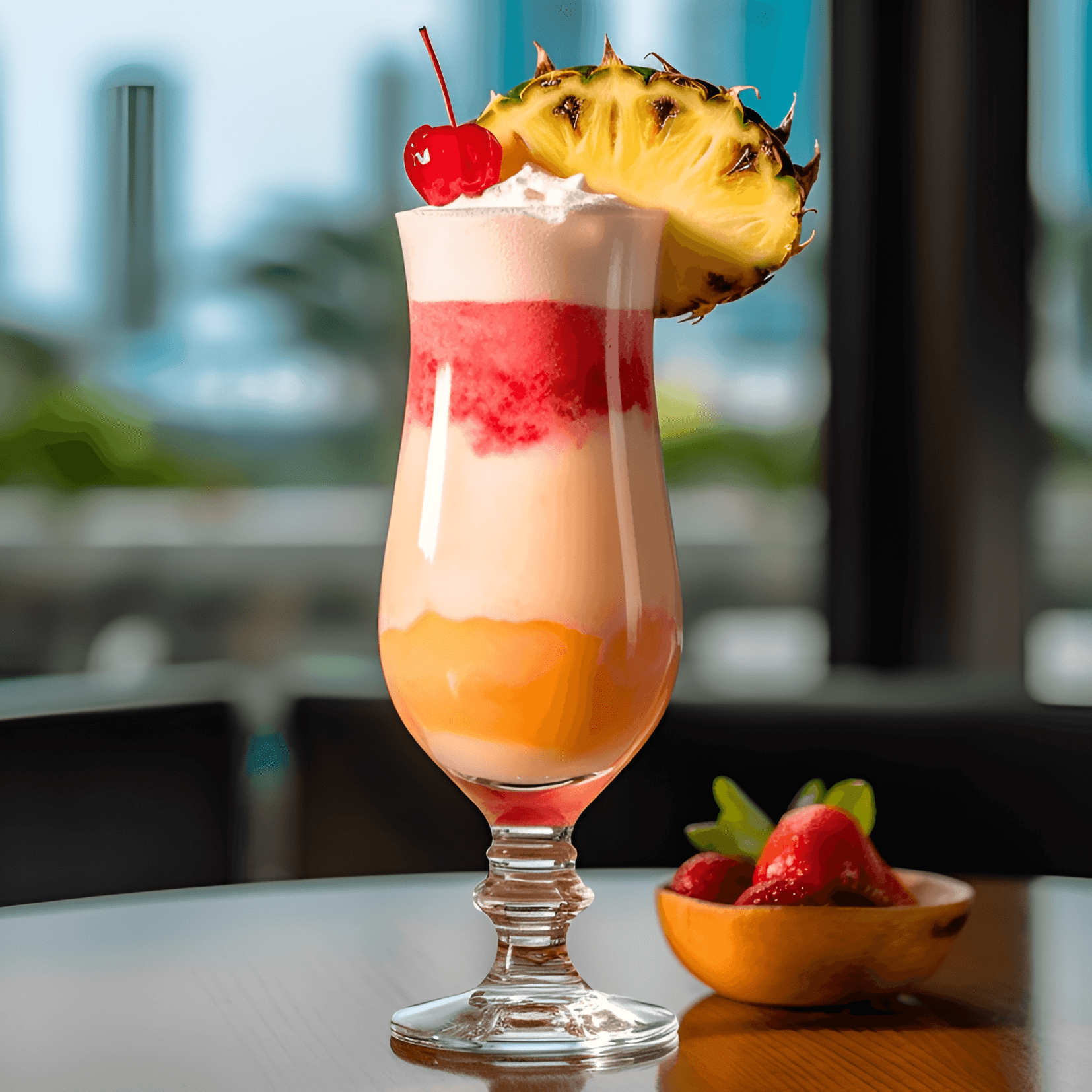 Miami Cocktail Recipe - The Miami cocktail has a sweet and fruity taste, with a hint of tartness from the strawberries. The creamy coconut and pineapple flavors from the Piña Colada blend perfectly with the tangy strawberry and rum notes of the Strawberry Daiquiri, creating a refreshing and well-balanced drink.