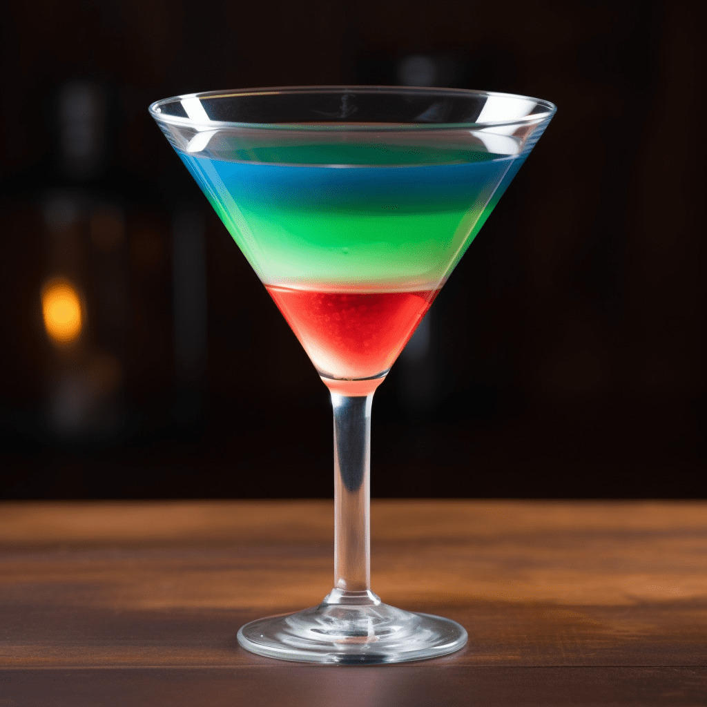 Nuclear Rainbow Cocktail Recipe - The Nuclear Rainbow is a symphony of flavors, each layer bringing its own unique taste. It's sweet from the melon liqueur and grenadine, yet has a complex herbal note from the Jagermeister. The cocktail is strong due to the variety of spirits, with a minty finish from the Rumple Minze.