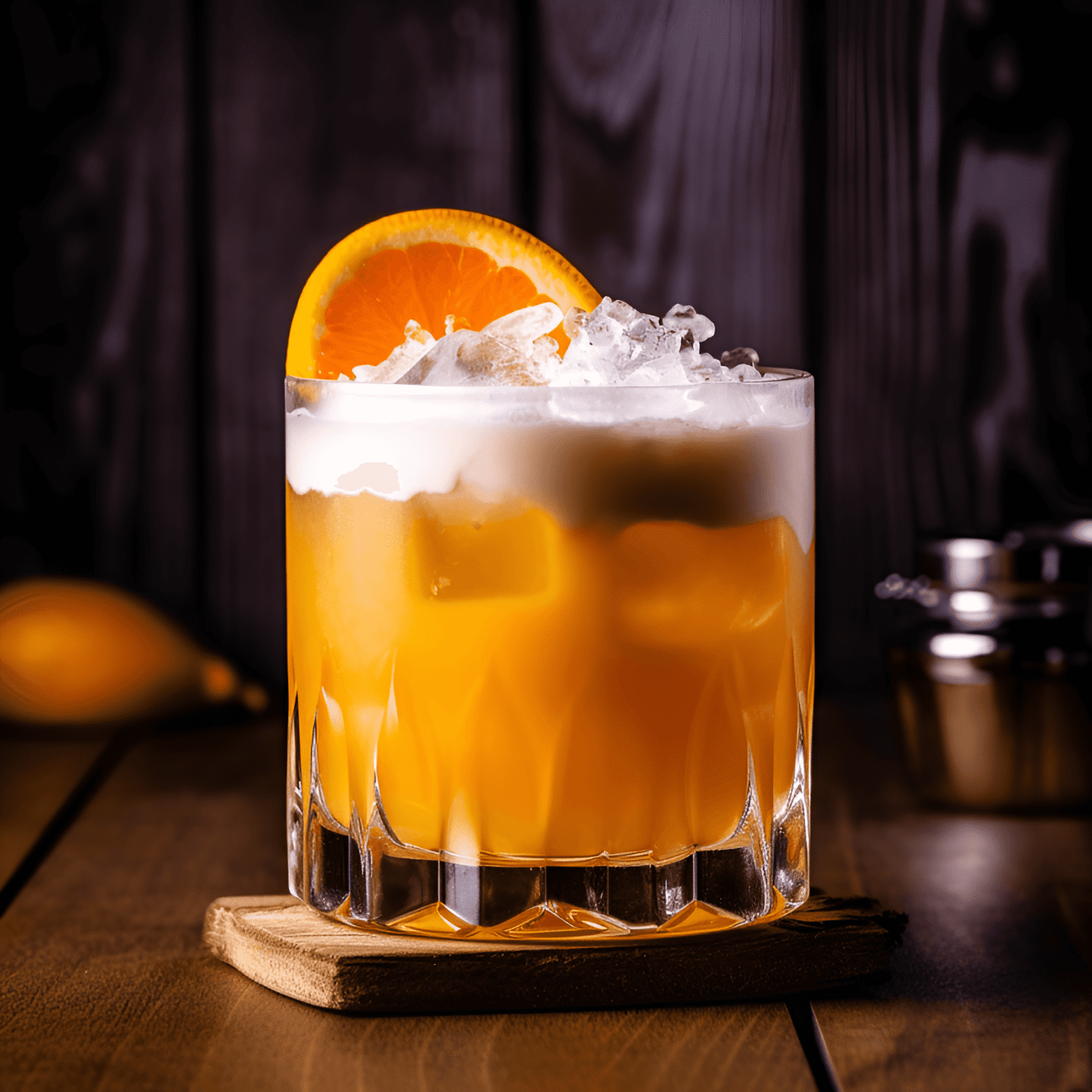 Orange Sour Cóctel Receta - El Orange Sour es un cóctel refrescante, ácido y ligeramente dulce. La combinación de jugo de naranja fresco y jugo de limón crea un sabor cítrico vibrante, mientras que el jarabe simple agrega un toque de dulzura para equilibrar la acidez. El whisky proporciona un sabor suave y cálido que complementa los sabores frutales.