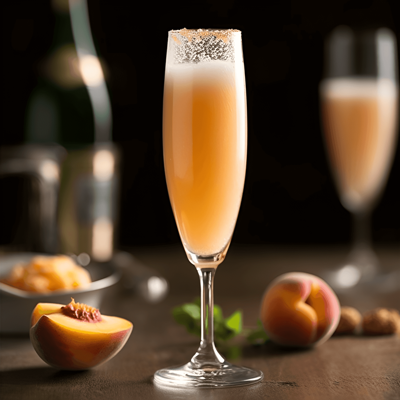 The Peach Bellini has a refreshing, fruity, and slightly sweet taste. The combination of peach puree and Prosecco creates a light, bubbly, and smooth texture.