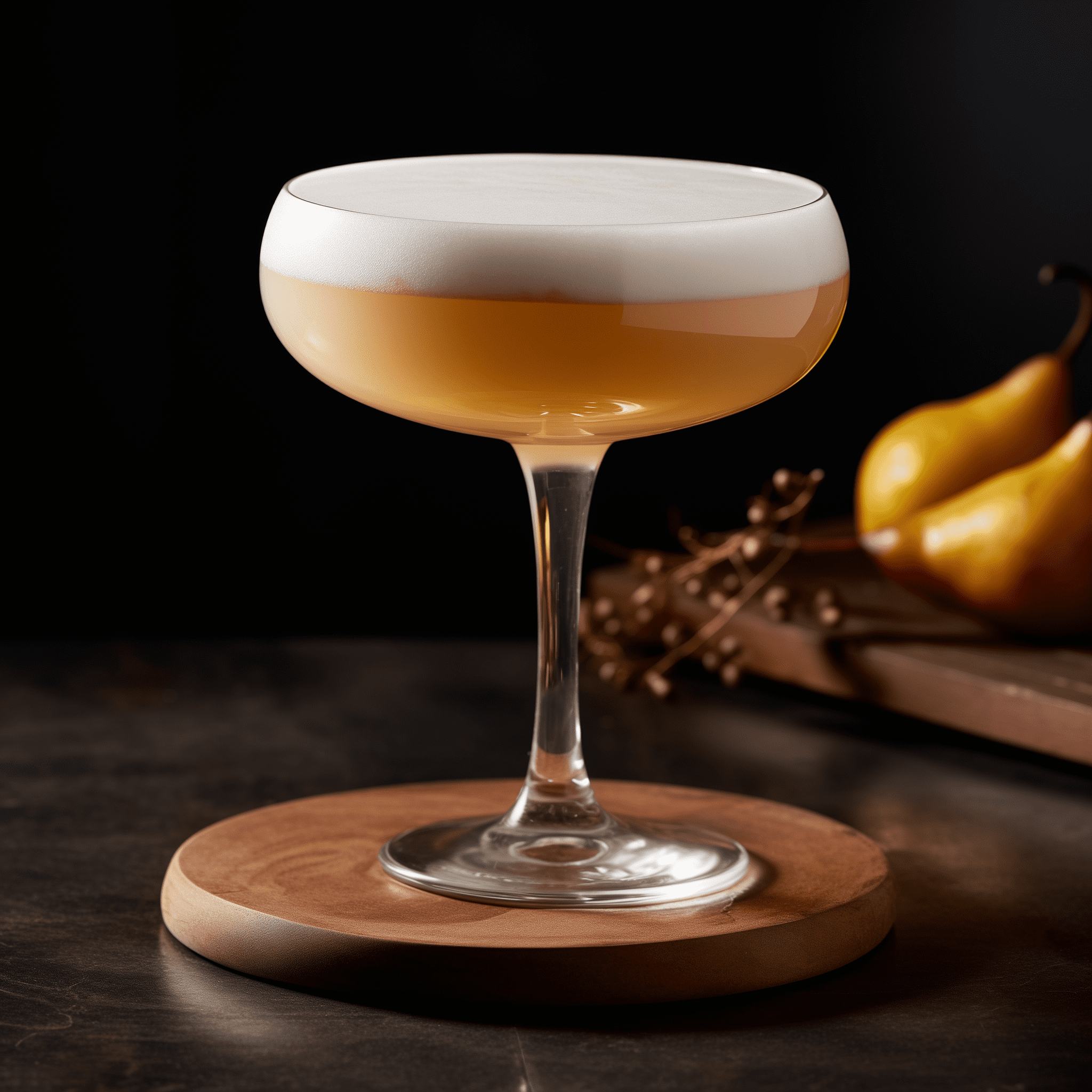 Pear Whiskey Sour Cocktail Recipe - The Pear Whiskey Sour offers a harmonious blend of mellow pear sweetness with the robustness of whiskey, complemented by a zesty lemon tang. It's a well-rounded cocktail that's both bold and smooth, with a hint of bitterness from the lemon to cut through the sweetness.