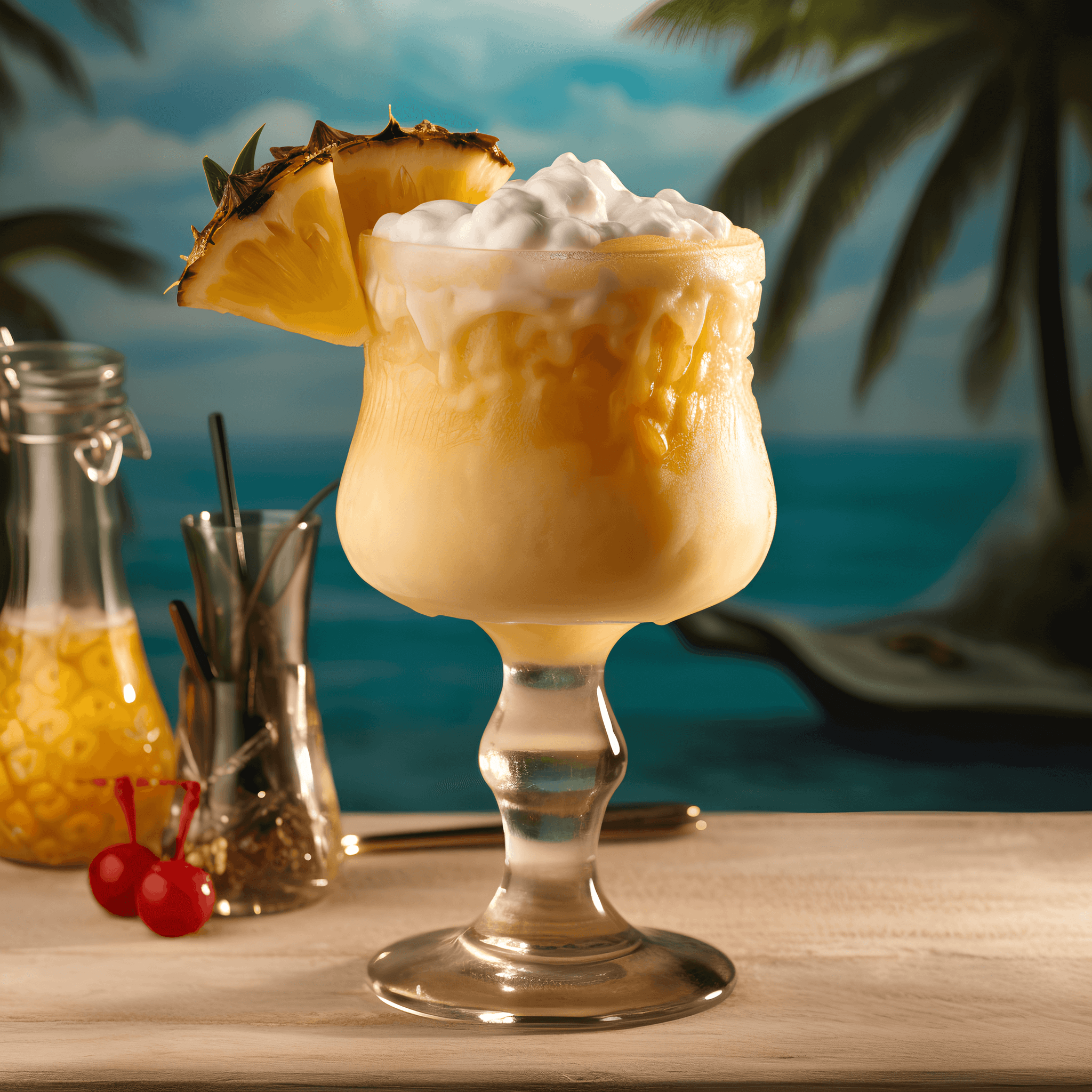 El Piña Colada es un cóctel dulce, cremoso y afrutado con una textura suave. Los sabores de piña y coco se mezclan armoniosamente, creando una sensación de sabor tropical. El ron agrega un calor y profundidad sutiles a la bebida.