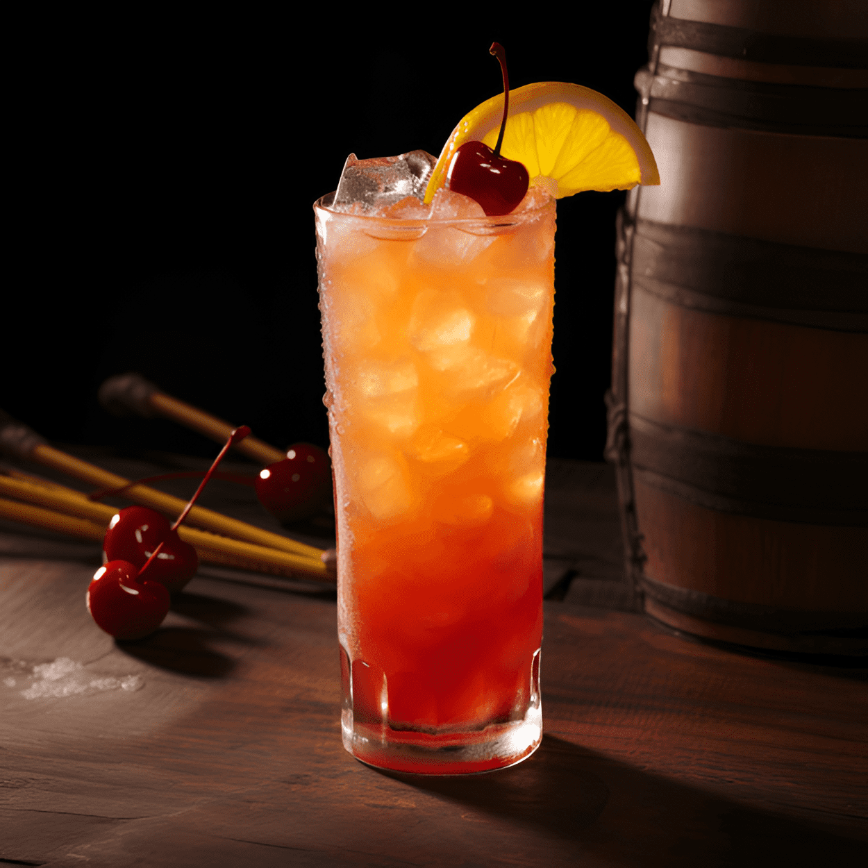 Pirates Punch Cocktail Recipe - The Pirates Punch is a robust, fruity cocktail with a strong kick. It's sweet, yet balanced with a hint of sourness. The rum gives it a strong, warming sensation, while the fruit juices add a refreshing, tropical twist.