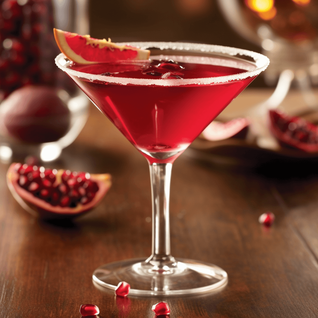 The Pomegranate Martini has a sweet and tangy taste, with a hint of tartness from the pomegranate juice. The vodka adds a smooth and strong base, while the orange liqueur provides a subtle citrus note.