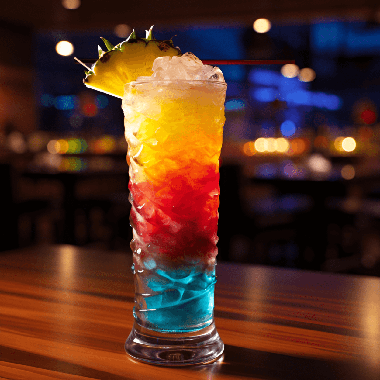 The Rainbow Cocktail is a sweet and fruity drink. It's a mix of tropical flavors, with a hint of citrus and a smooth, creamy finish. The different layers each bring their own unique taste, creating a cocktail that's full of flavor and fun to drink.