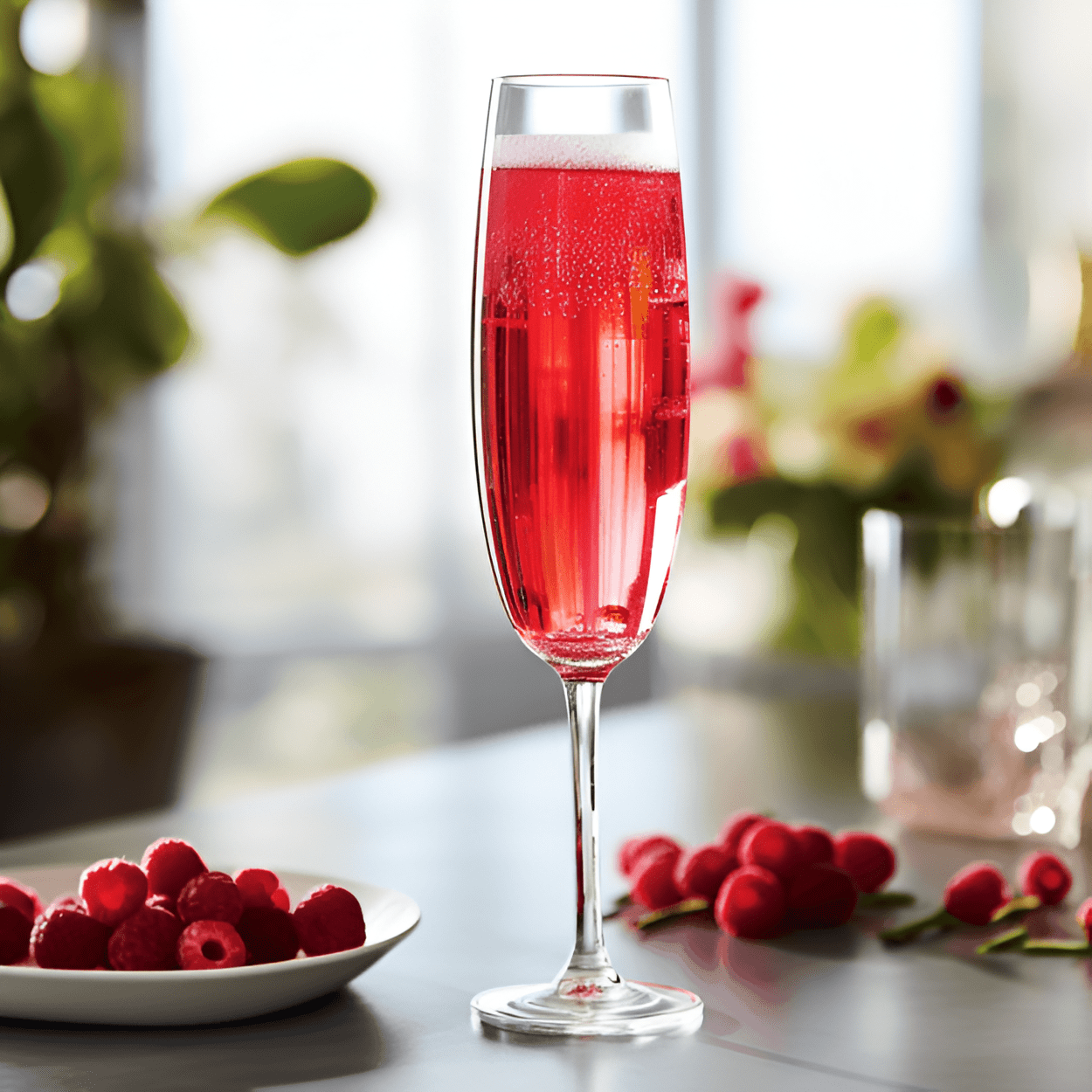 This cocktail offers a refreshing blend of sweet, sour, and bubbly. The raspberry and lime provide a tangy fruitiness, while the champagne adds a sophisticated sparkle. The gin gives it a strong, crisp undertone.
