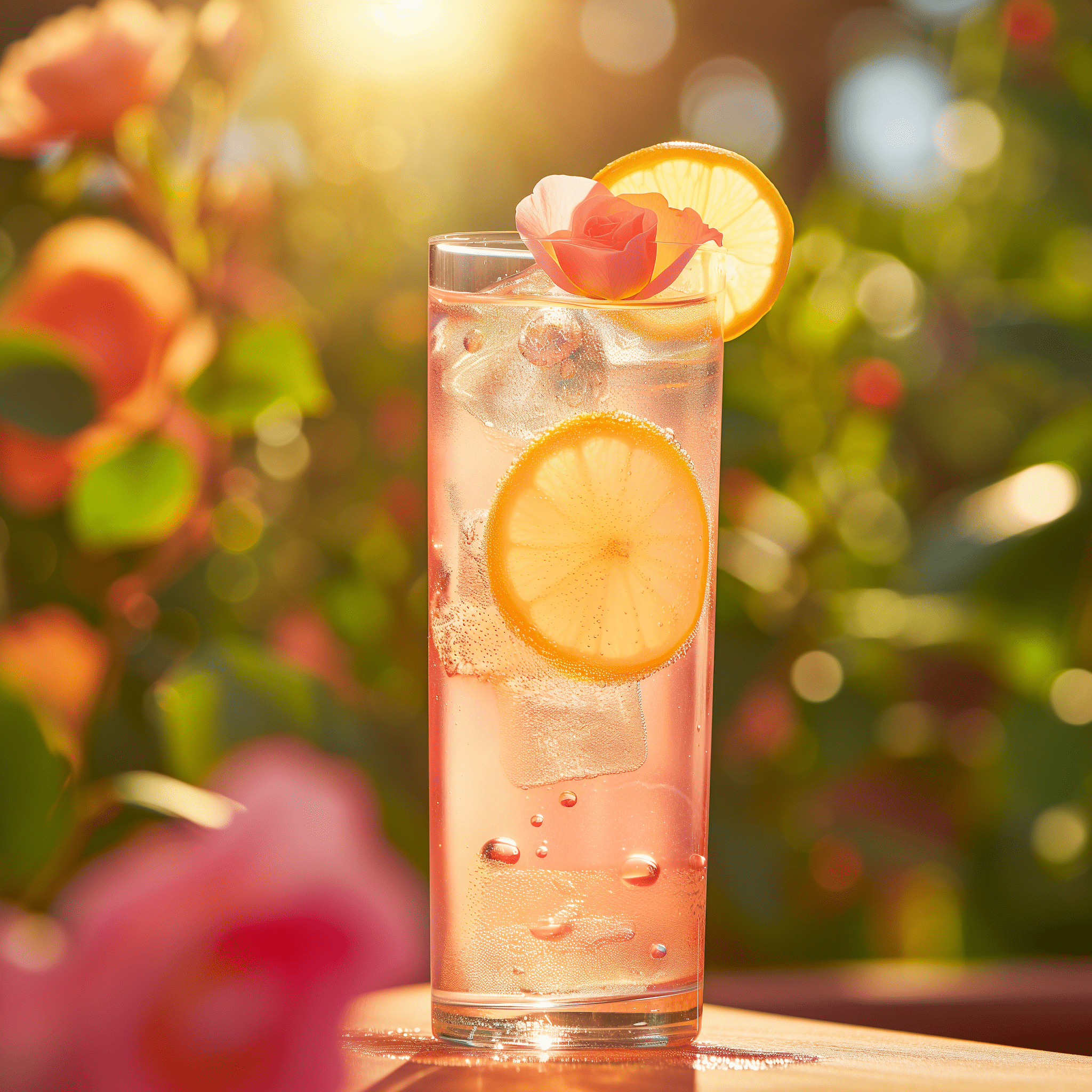 El cóctel Limonada de Rosa es una mezcla armoniosa de sabores dulces y ácidos. El jarabe de rosa aporta una dulzura fragante que se equilibra perfectamente con la acidez brillante del jugo de limón fresco. El agua con gas añade una textura burbujeante que hace que la bebida sea ligera y refrescante.