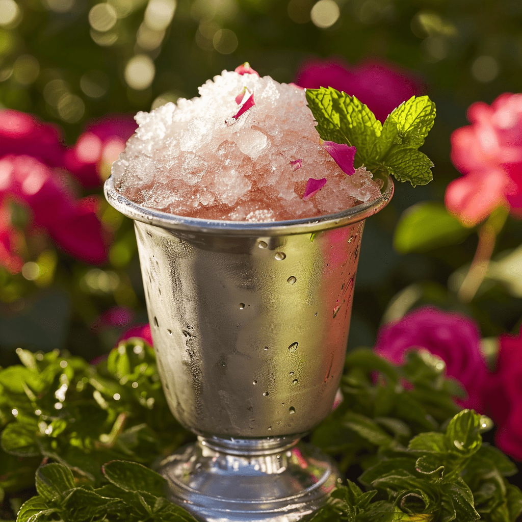 Rose Mint Julep Cóctel Receta - El Rose Mint Julep ofrece una mezcla armoniosa de bourbon suave y amaderado con un dulce toque floral del jarabe de rosa. La menta fresca proporciona una sensación refrescante, haciendo que la bebida sea revitalizante. Es un cóctel bien equilibrado con una base robusta suavizada por la delicada rosa.