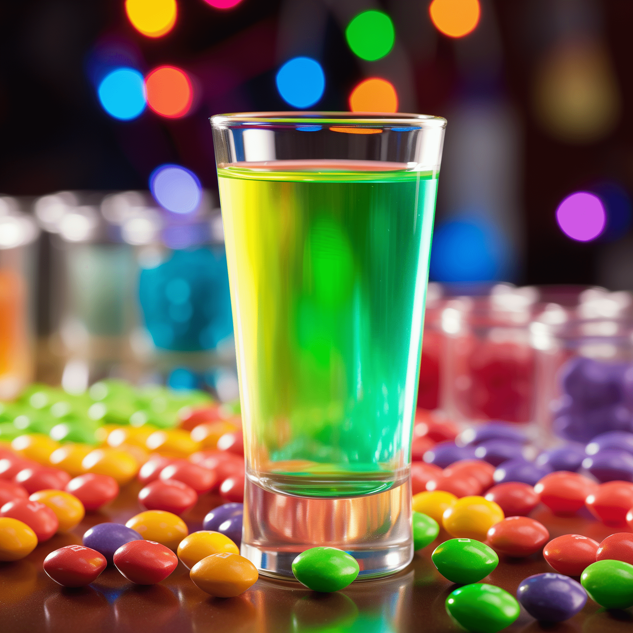The Skittles Shot is a delightful mix of sweet and tangy flavors, reminiscent of the candy it's named after. It's a vibrant, fruity concoction with a slight sour kick from the sweet and sour mix, balanced by the tropical notes of pineapple juice.