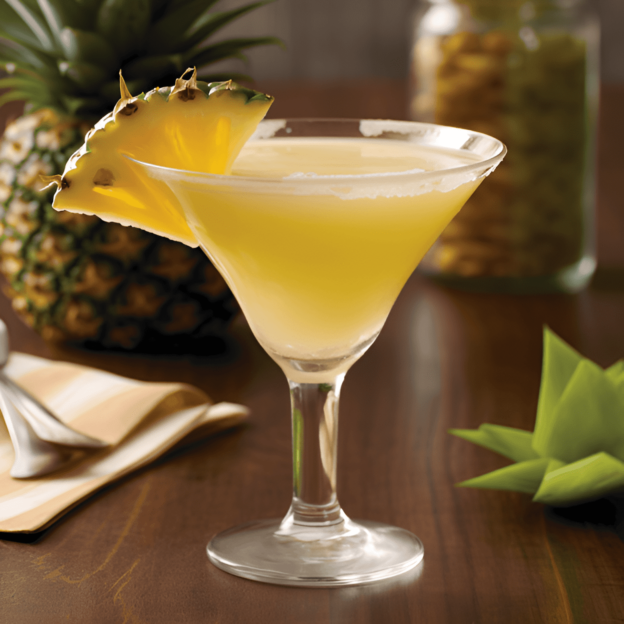 Martini de Piña Tuaca Cóctel Receta - Este cóctel es una deliciosa mezcla de dulce, ácido y ligeramente cremoso. El jugo de piña le da un dulzor tropical, mientras que el Tuaca añade un toque de vainilla y cítricos. El final es suave y refrescante.