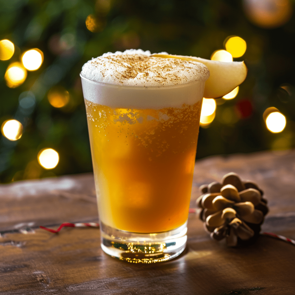 Yuletidal Wave Cocktail Recipe - The Yuletidal Wave offers a symphony of flavors, with a robust foundation of rum, bourbon, and cognac that provides a rich and warming sensation. The pear liqueur and pineapple juice introduce a fruity and tropical sweetness, while the Licor 43 and allspice dram add spicy undertones. The lemon juice and Angostura bitters balance the sweetness with a refreshing tartness, and the nutmeg garnish contributes a quintessential holiday aroma.